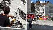رونمایی از نقاشی دیواری متفاوت در بروکسل؛ ترکیب رنگ و چکش برقی! (فیلم)