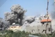 (ویدئو) لحظه انهدام یک برج مسکونی در غزه