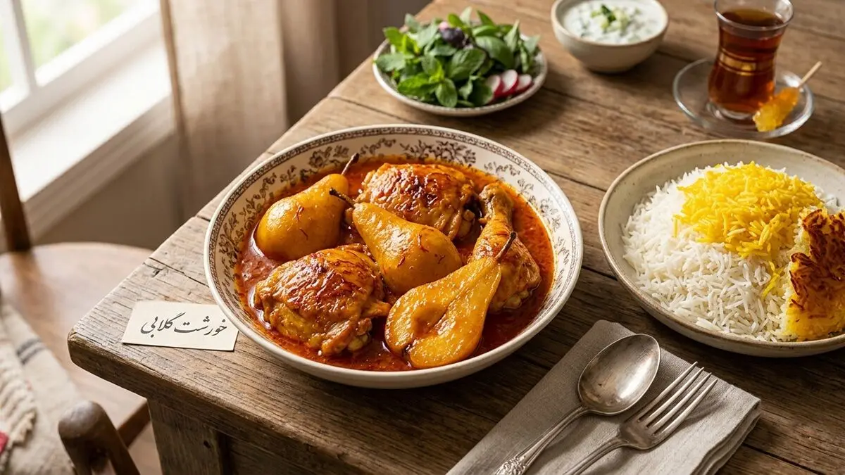 طرز تهیه خورشت مجلسی گلابی و مرغ
