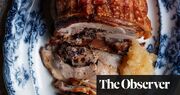 Nigel Slater’s recipes for roast pork with black pudding and apple sauce, and chocolate almond cookies