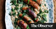 Nigel Slater’s recipes for sausages with spinach and cannellini beans, and artichokes, potatoes, cheese and cider