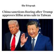 چین پس از اقدام آمریکا در تصویب فروش ۱۱ میلیارد دلار اسلحه به تایوان، بوئینگ را تحریم کرد